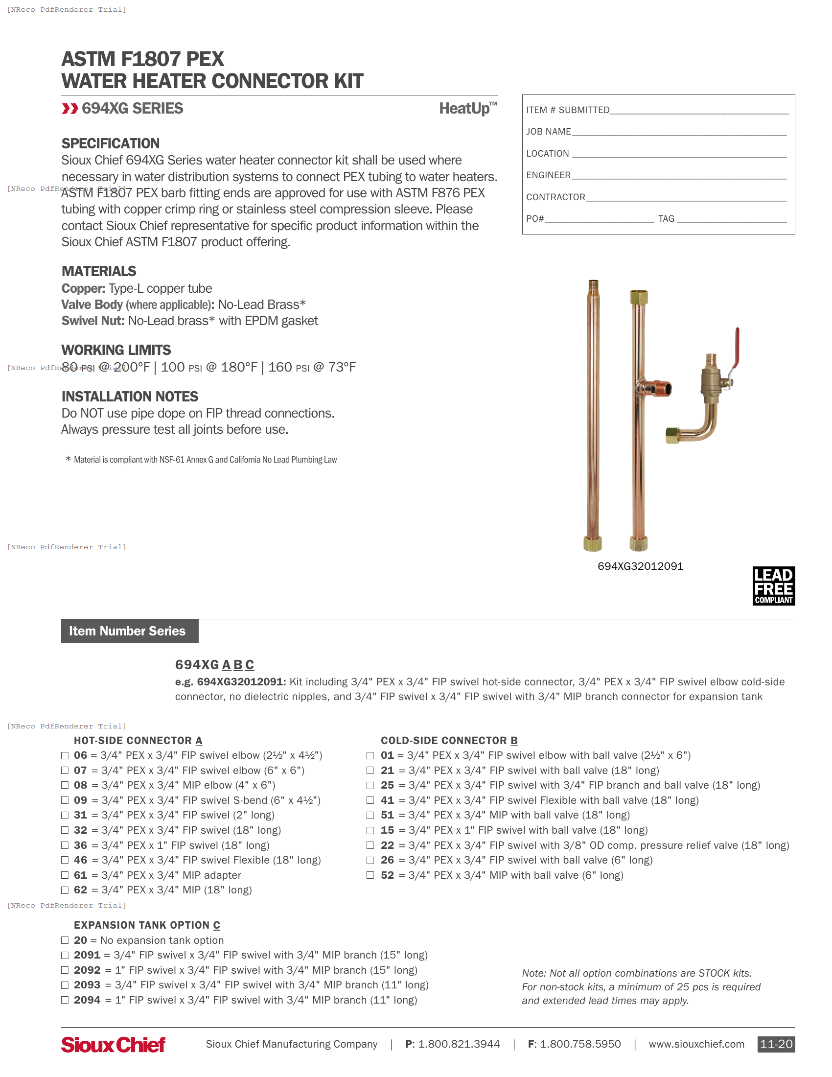 694XG SERIES - HEATUP F1807 WATER HEATER CONNECTOR KIT - SPEC SHEET.PDF Specification Document